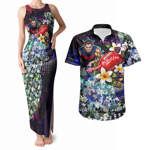 Personalized Melbourne Football Demons Couples Matching Tank Maxi Dress and Hawaiian Shirt Tropical Hibiscus Flowers - Pacific Fusion Style