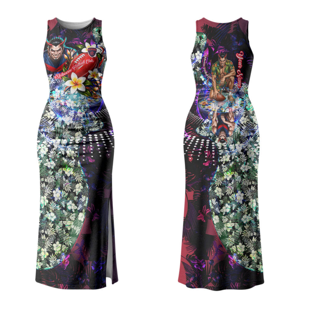Personalized Melbourne Football Demons Couples Matching Tank Maxi Dress and Hawaiian Shirt Tropical Hibiscus Flowers - Pacific Fusion Style