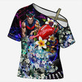 Personalized Melbourne Football Demons Cross Shoulder Shirt Tropical Hibiscus Flowers - Pacific Fusion Style