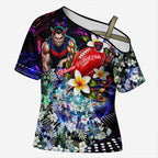 Personalized Melbourne Football Demons Cross Shoulder Shirt Tropical Hibiscus Flowers - Pacific Fusion Style