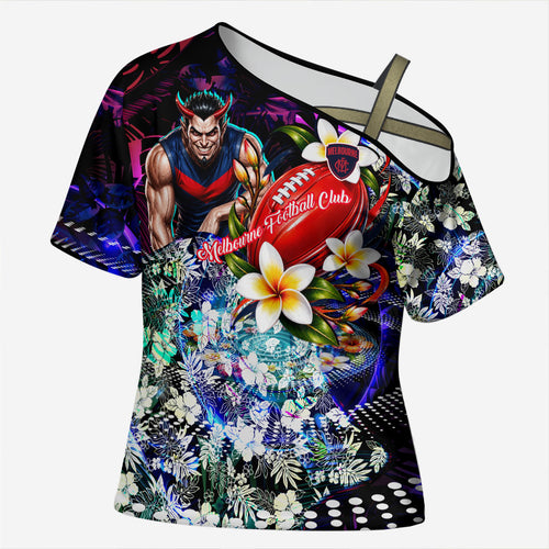 Personalized Melbourne Football Demons Cross Shoulder Shirt Tropical Hibiscus Flowers - Pacific Fusion Style