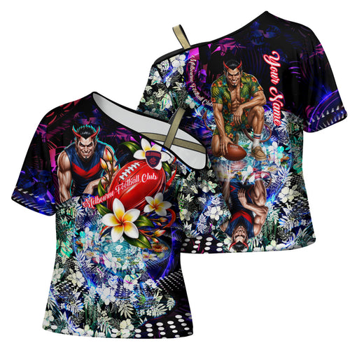 Personalized Melbourne Football Demons Cross Shoulder Shirt Tropical Hibiscus Flowers - Pacific Fusion Style