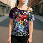 Personalized Melbourne Football Demons Cross Shoulder Shirt Tropical Hibiscus Flowers - Pacific Fusion Style