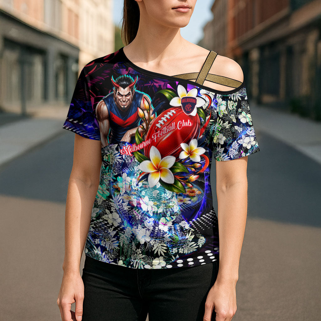 Personalized Melbourne Football Demons Cross Shoulder Shirt Tropical Hibiscus Flowers - Pacific Fusion Style