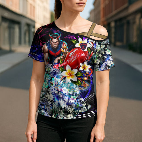 Personalized Melbourne Football Demons Cross Shoulder Shirt Tropical Hibiscus Flowers - Pacific Fusion Style