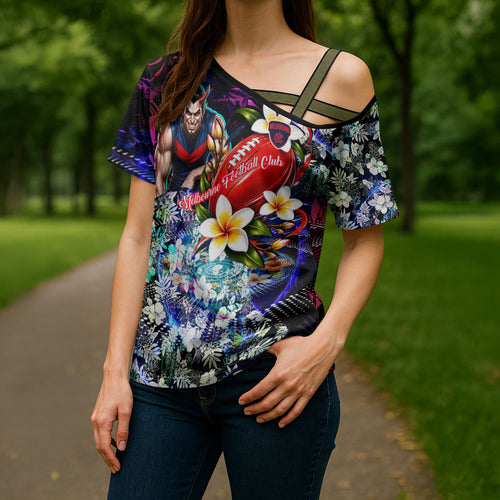 Personalized Melbourne Football Demons Cross Shoulder Shirt Tropical Hibiscus Flowers - Pacific Fusion Style