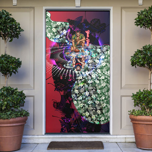 Personalized Melbourne Football Demons Door Cover Tropical Hibiscus Flowers - Pacific Fusion Style