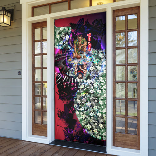Personalized Melbourne Football Demons Door Cover Tropical Hibiscus Flowers - Pacific Fusion Style
