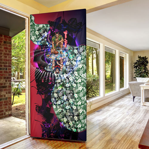 Personalized Melbourne Football Demons Door Cover Tropical Hibiscus Flowers - Pacific Fusion Style