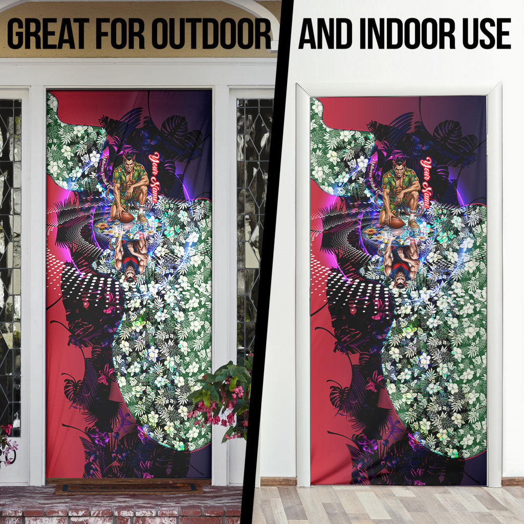 Personalized Melbourne Football Demons Door Cover Tropical Hibiscus Flowers - Pacific Fusion Style