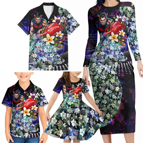 Personalized Melbourne Football Demons Family Matching Long Sleeve Bodycon Dress and Hawaiian Shirt Tropical Hibiscus Flowers - Pacific Fusion Style