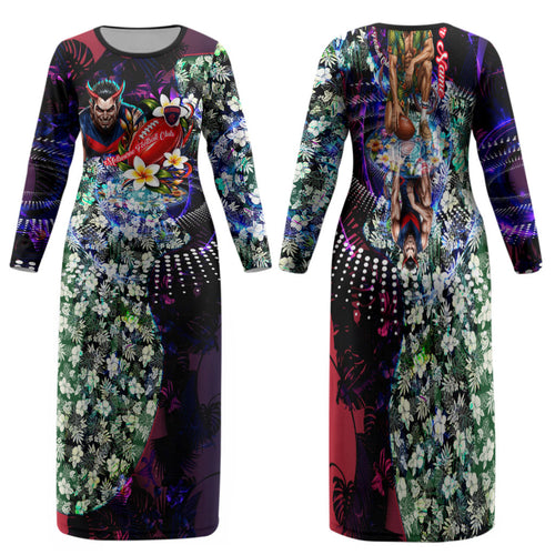 Personalized Melbourne Football Demons Family Matching Long Sleeve Bodycon Dress and Hawaiian Shirt Tropical Hibiscus Flowers - Pacific Fusion Style