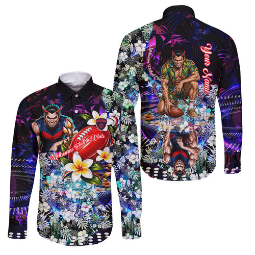 Personalized Melbourne Football Demons Family Matching Long Sleeve Bodycon Dress and Hawaiian Shirt Tropical Hibiscus Flowers - Pacific Fusion Style