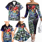 Personalized Melbourne Football Demons Family Matching Off The Shoulder Long Sleeve Dress and Hawaiian Shirt Tropical Hibiscus Flowers - Pacific Fusion Style