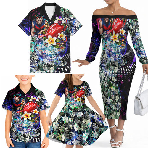 Personalized Melbourne Football Demons Family Matching Off The Shoulder Long Sleeve Dress and Hawaiian Shirt Tropical Hibiscus Flowers - Pacific Fusion Style