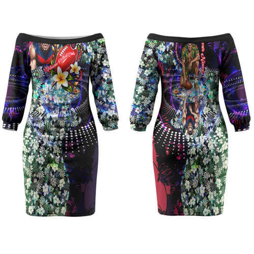 Personalized Melbourne Football Demons Family Matching Off The Shoulder Long Sleeve Dress and Hawaiian Shirt Tropical Hibiscus Flowers - Pacific Fusion Style