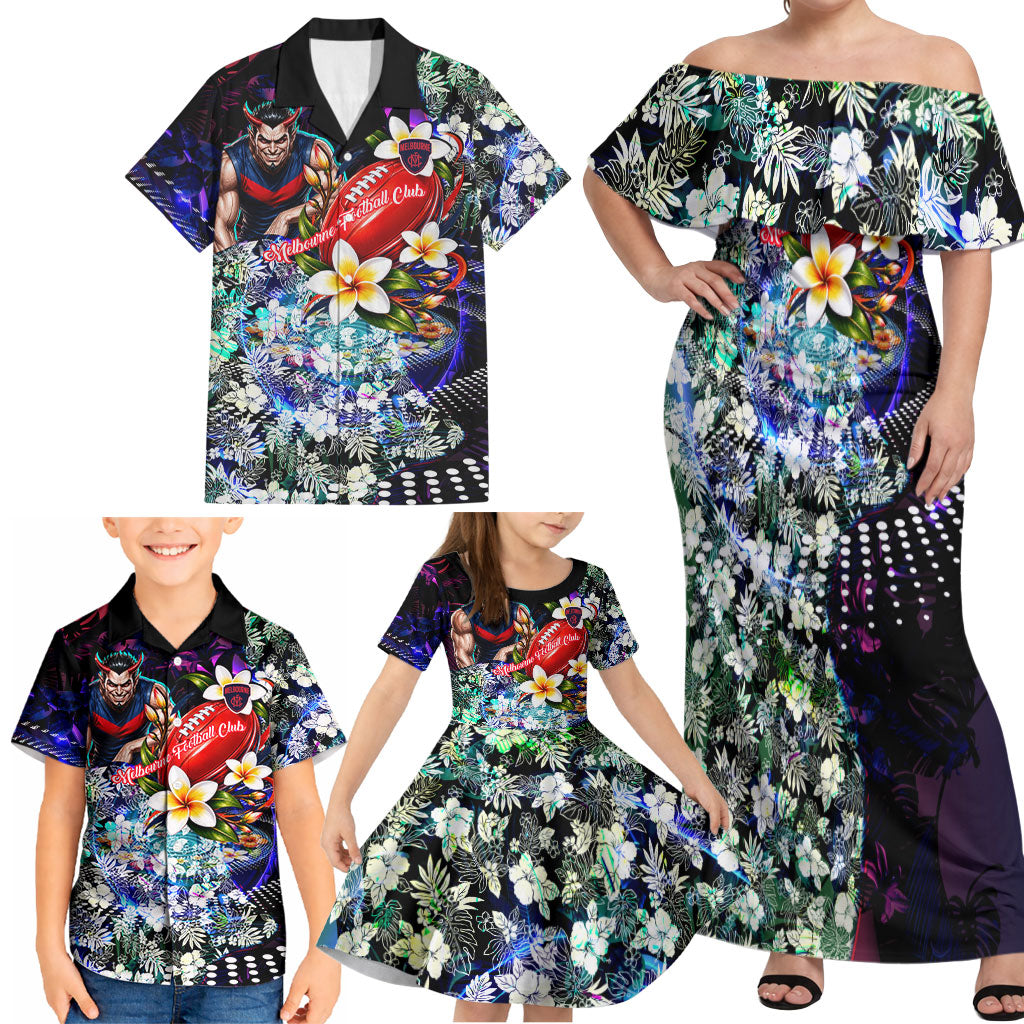 Personalized Melbourne Football Demons Family Matching Off Shoulder Maxi Dress and Hawaiian Shirt Tropical Hibiscus Flowers - Pacific Fusion Style