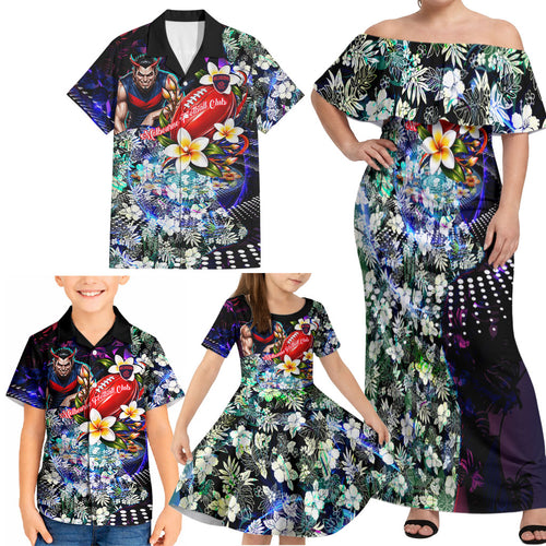 Personalized Melbourne Football Demons Family Matching Off Shoulder Maxi Dress and Hawaiian Shirt Tropical Hibiscus Flowers - Pacific Fusion Style