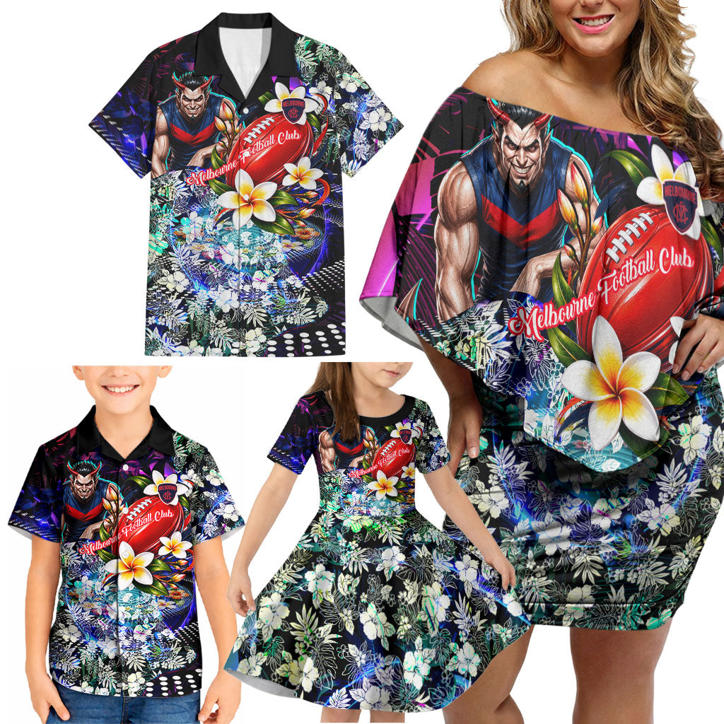 Personalized Melbourne Football Demons Family Matching Off Shoulder Short Dress and Hawaiian Shirt Tropical Hibiscus Flowers - Pacific Fusion Style