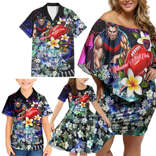 Personalized Melbourne Football Demons Family Matching Off Shoulder Short Dress and Hawaiian Shirt Tropical Hibiscus Flowers - Pacific Fusion Style