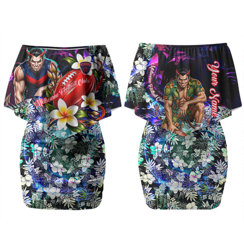 Personalized Melbourne Football Demons Family Matching Off Shoulder Short Dress and Hawaiian Shirt Tropical Hibiscus Flowers - Pacific Fusion Style