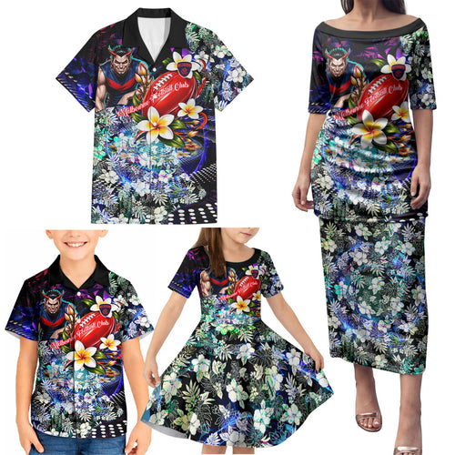 Personalized Melbourne Football Demons Family Matching Puletasi and Hawaiian Shirt Tropical Hibiscus Flowers - Pacific Fusion Style