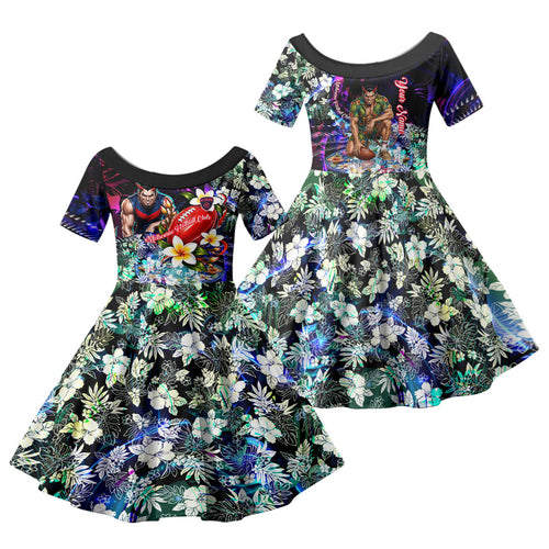 Personalized Melbourne Football Demons Family Matching Puletasi and Hawaiian Shirt Tropical Hibiscus Flowers - Pacific Fusion Style