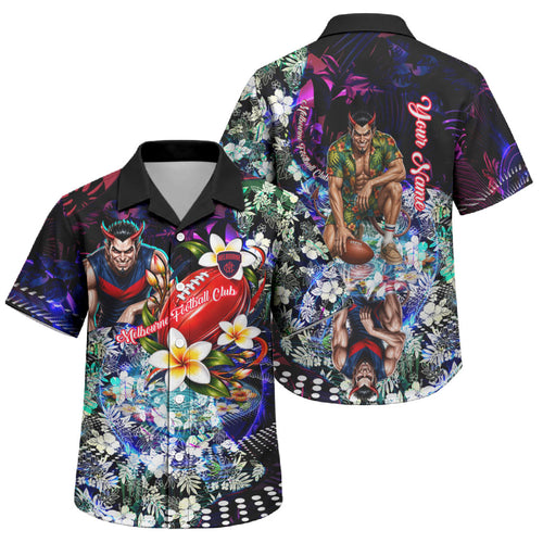 Personalized Melbourne Football Demons Family Matching Puletasi and Hawaiian Shirt Tropical Hibiscus Flowers - Pacific Fusion Style