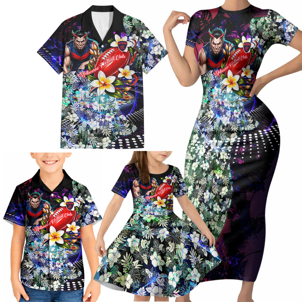 Personalized Melbourne Football Demons Family Matching Short Sleeve Bodycon Dress and Hawaiian Shirt Tropical Hibiscus Flowers - Pacific Fusion Style