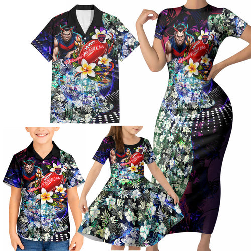 Personalized Melbourne Football Demons Family Matching Short Sleeve Bodycon Dress and Hawaiian Shirt Tropical Hibiscus Flowers - Pacific Fusion Style