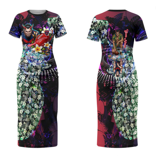 Personalized Melbourne Football Demons Family Matching Short Sleeve Bodycon Dress and Hawaiian Shirt Tropical Hibiscus Flowers - Pacific Fusion Style