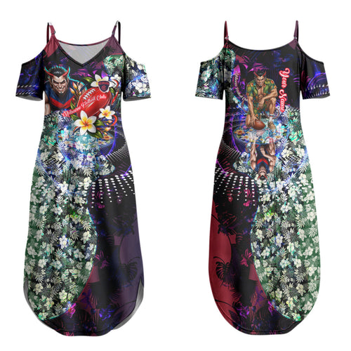 Personalized Melbourne Football Demons Family Matching Summer Maxi Dress and Hawaiian Shirt Tropical Hibiscus Flowers - Pacific Fusion Style