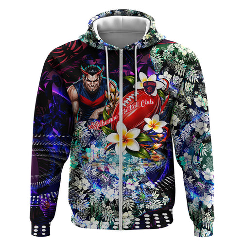 Personalized Melbourne Football Demons Hoodie Tropical Hibiscus Flowers - Pacific Fusion Style