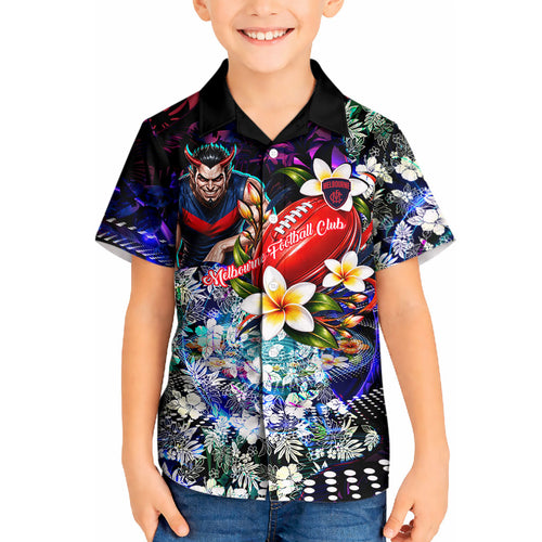 Personalized Melbourne Football Demons Kid Hawaiian Shirt Tropical Hibiscus Flowers - Pacific Fusion Style