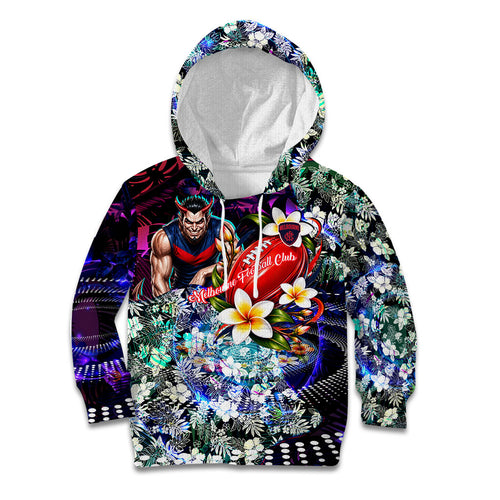 Personalized Melbourne Football Demons Kid Hoodie Tropical Hibiscus Flowers - Pacific Fusion Style