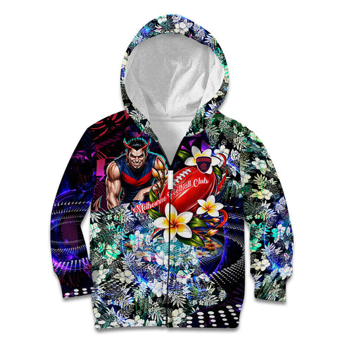 Personalized Melbourne Football Demons Kid Hoodie Tropical Hibiscus Flowers - Pacific Fusion Style