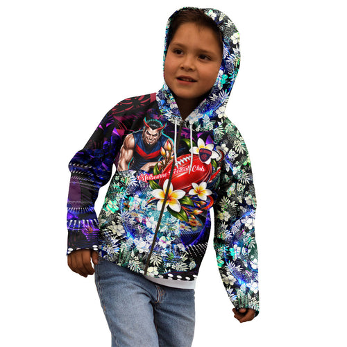 Personalized Melbourne Football Demons Kid Hoodie Tropical Hibiscus Flowers - Pacific Fusion Style