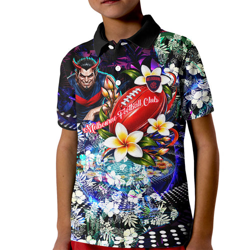Personalized Melbourne Football Demons Kid Polo Shirt Tropical Hibiscus Flowers - Pacific Fusion Style