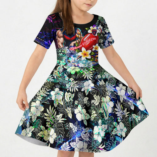 Personalized Melbourne Football Demons Kid Short Sleeve Dress Tropical Hibiscus Flowers - Pacific Fusion Style