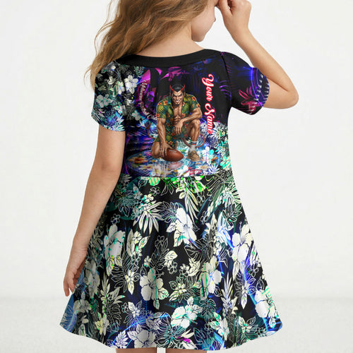 Personalized Melbourne Football Demons Kid Short Sleeve Dress Tropical Hibiscus Flowers - Pacific Fusion Style