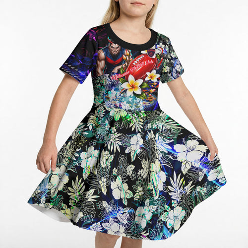 Personalized Melbourne Football Demons Kid Short Sleeve Dress Tropical Hibiscus Flowers - Pacific Fusion Style