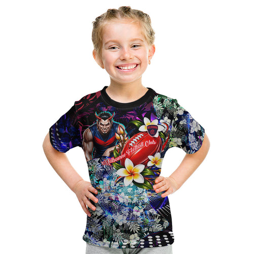 Personalized Melbourne Football Demons Kid T Shirt Tropical Hibiscus Flowers - Pacific Fusion Style