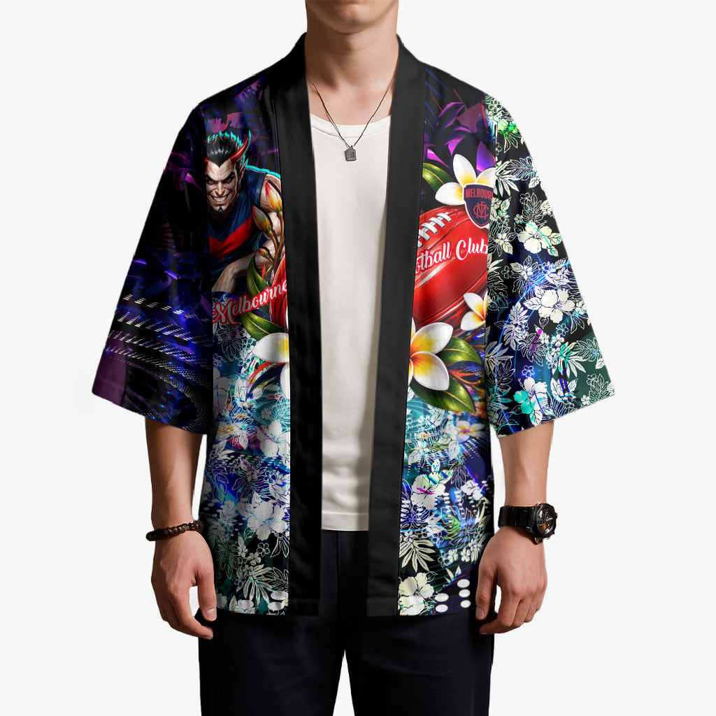 Personalized Melbourne Football Demons Kimono Tropical Hibiscus Flowers - Pacific Fusion Style