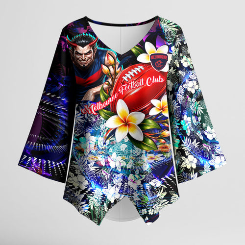 Personalized Melbourne Football Demons Kimono Sleeve Blouse Tropical Hibiscus Flowers - Pacific Fusion Style