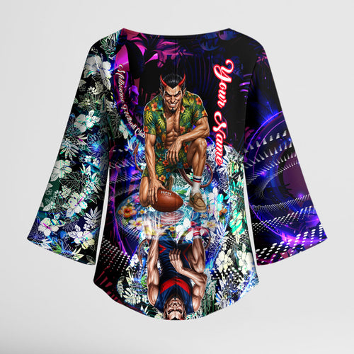 Personalized Melbourne Football Demons Kimono Sleeve Blouse Tropical Hibiscus Flowers - Pacific Fusion Style