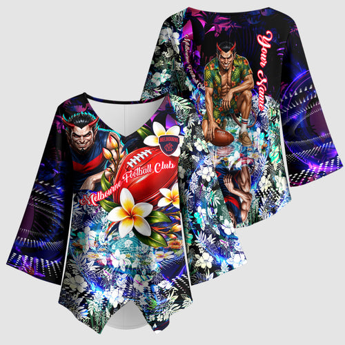 Personalized Melbourne Football Demons Kimono Sleeve Blouse Tropical Hibiscus Flowers - Pacific Fusion Style