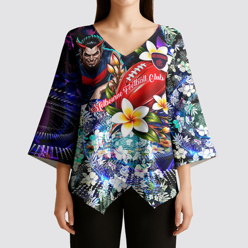 Personalized Melbourne Football Demons Kimono Sleeve Blouse Tropical Hibiscus Flowers - Pacific Fusion Style