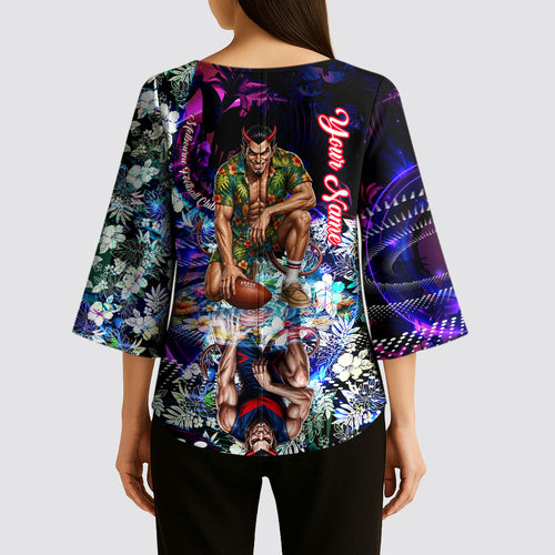 Personalized Melbourne Football Demons Kimono Sleeve Blouse Tropical Hibiscus Flowers - Pacific Fusion Style