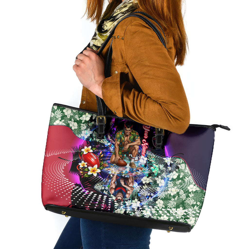 Personalized Melbourne Football Demons Leather Tote Bag Tropical Hibiscus Flowers - Pacific Fusion Style