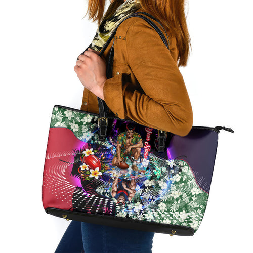 Personalized Melbourne Football Demons Leather Tote Bag Tropical Hibiscus Flowers - Pacific Fusion Style